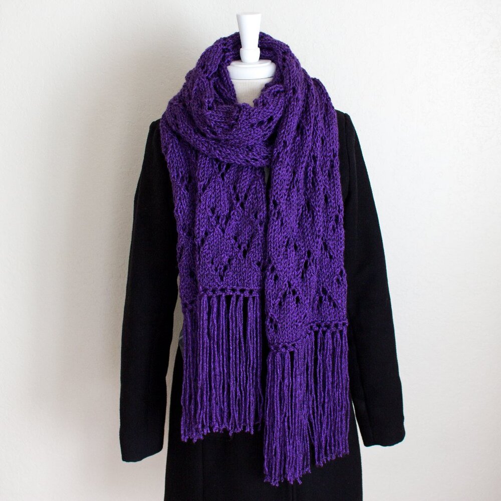 Hand Knit Boho Fringe Scarf for Women, Lace Knit Thick Soft Purple Scarf